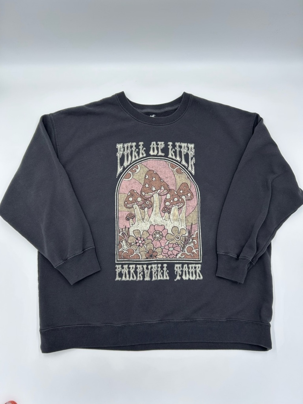 Hollister Black Crewneck Sweater with Pink & Cream Mushroom Graphic XL